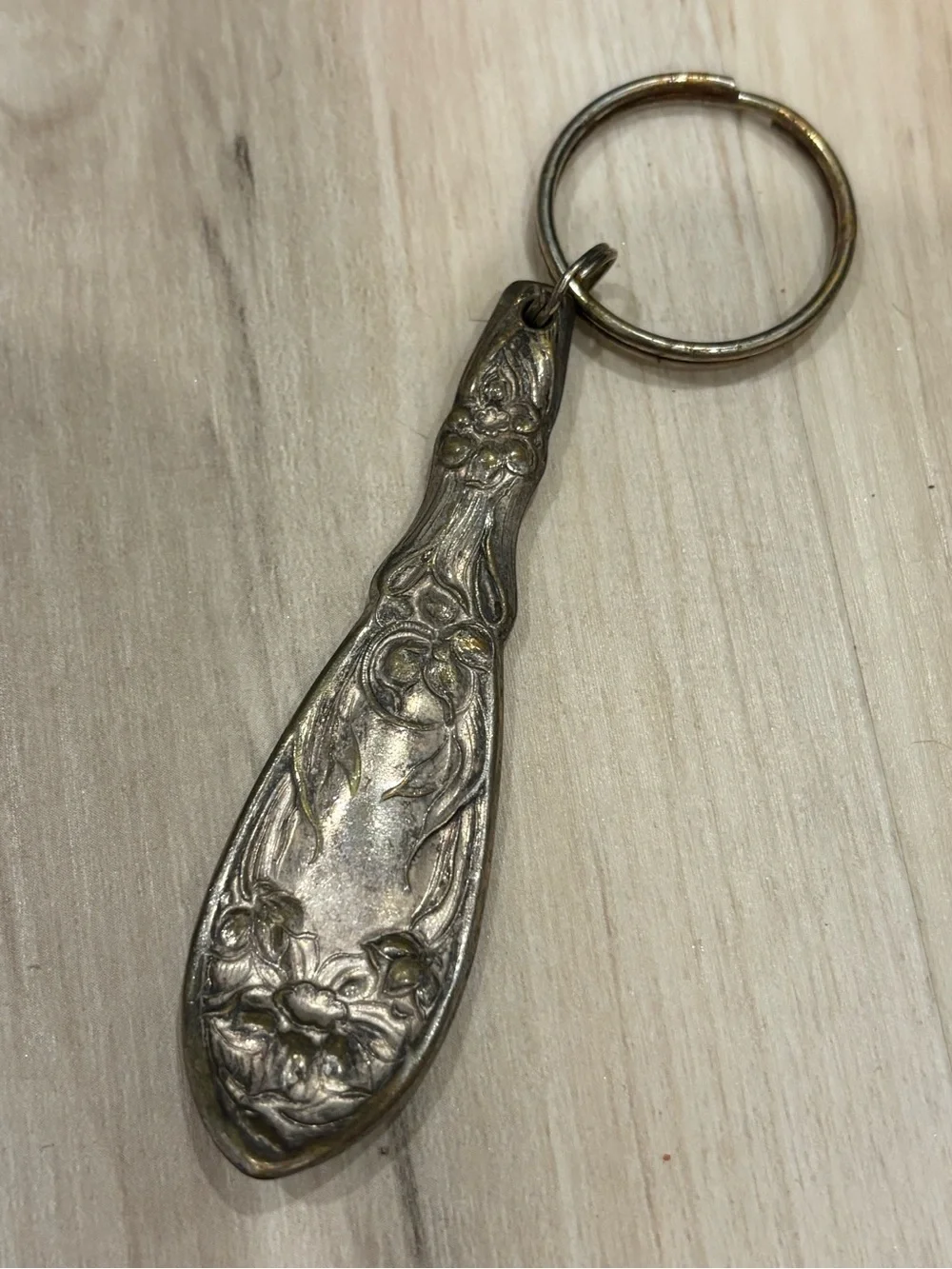 Ornate Silver-Tone Spoon Handle Keychain - Floral Design